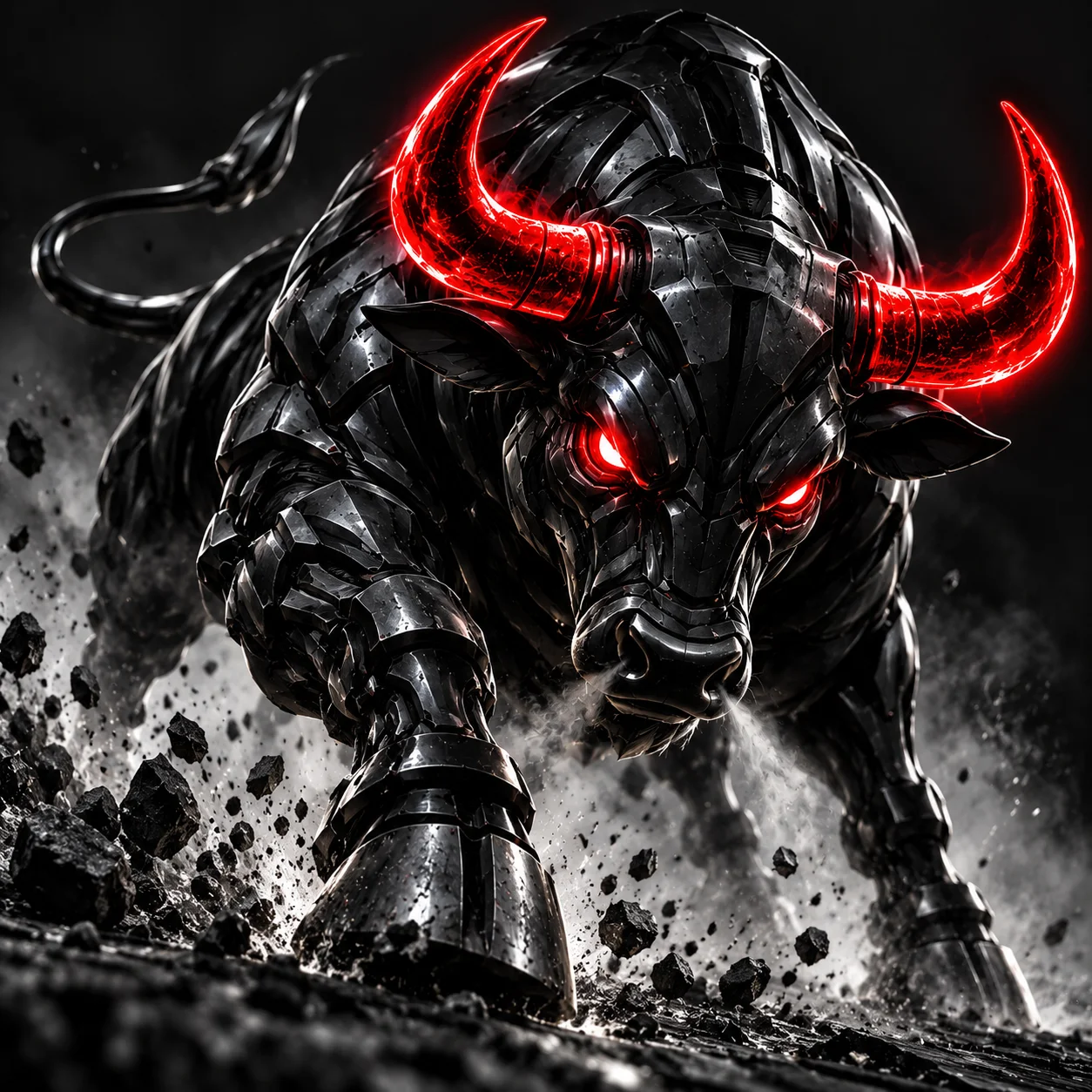A black armored bull with glowing red horns and eyes charging through rubble